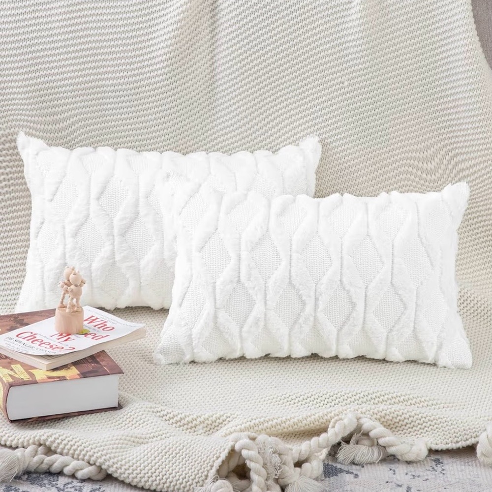 MADIZZ Luxurious White Knit Throw Pillowcase covers 12x20 inches set of 2